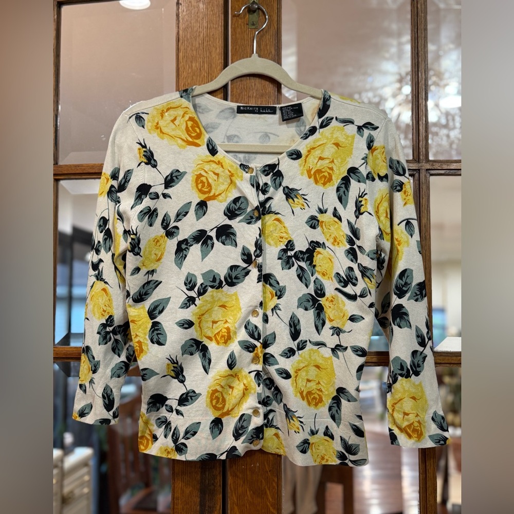 Yellow Floral Cardigan. Size Large.